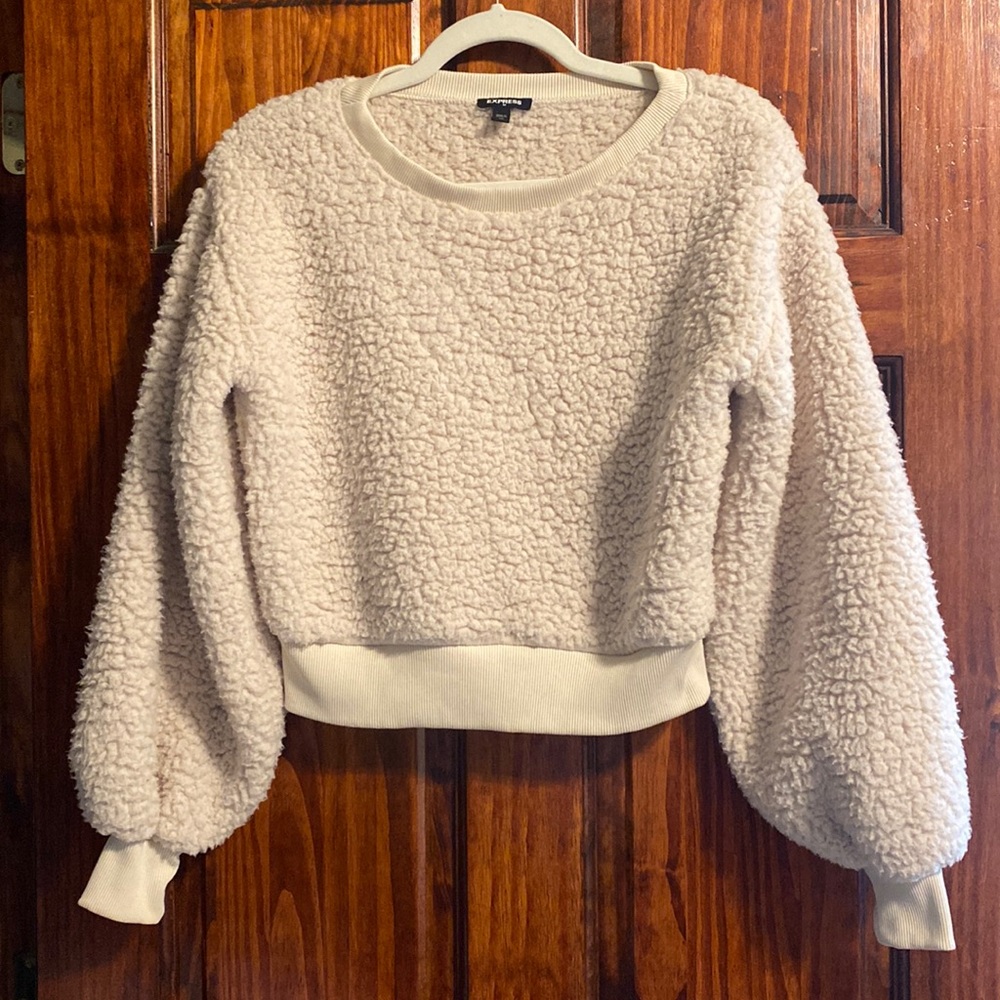 Express Factory Cozy Cropped Cream Sherpa Sweater Pullover Sweatshirt Top XS